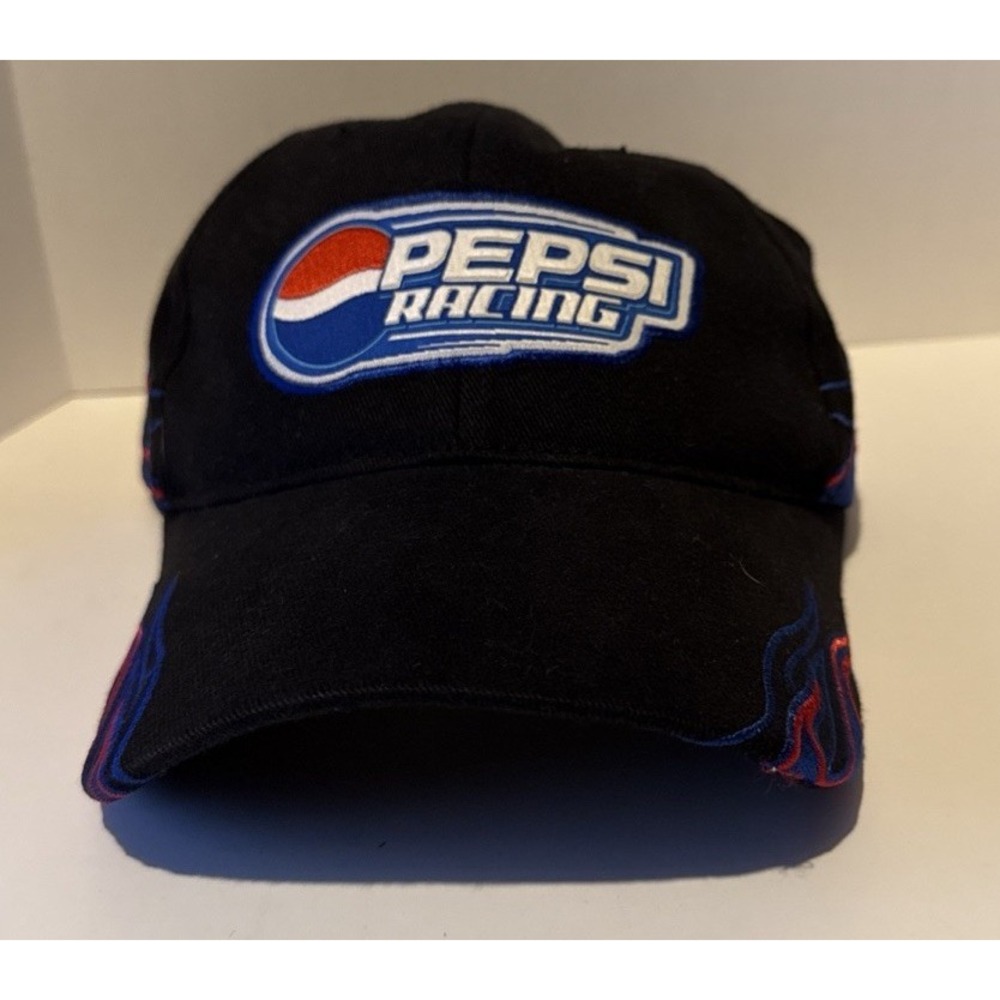 Pepsi Racing Hat Cap Flames Black Blue Red White Hook and‎ Loop Swirls Baseball